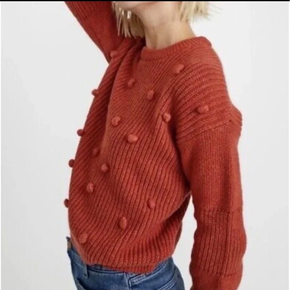 Marine Layer Rowan Pom Pom Knit Sweater Womens Terracotta Ribbed Crewneck XS